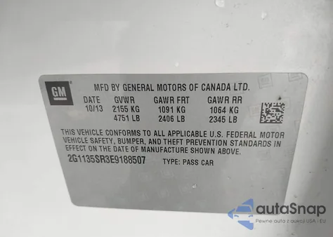 2014 Chevrolet Impala Lt Eco z USA, uszkodzony, nr VIN 2G1135SR3E9188507